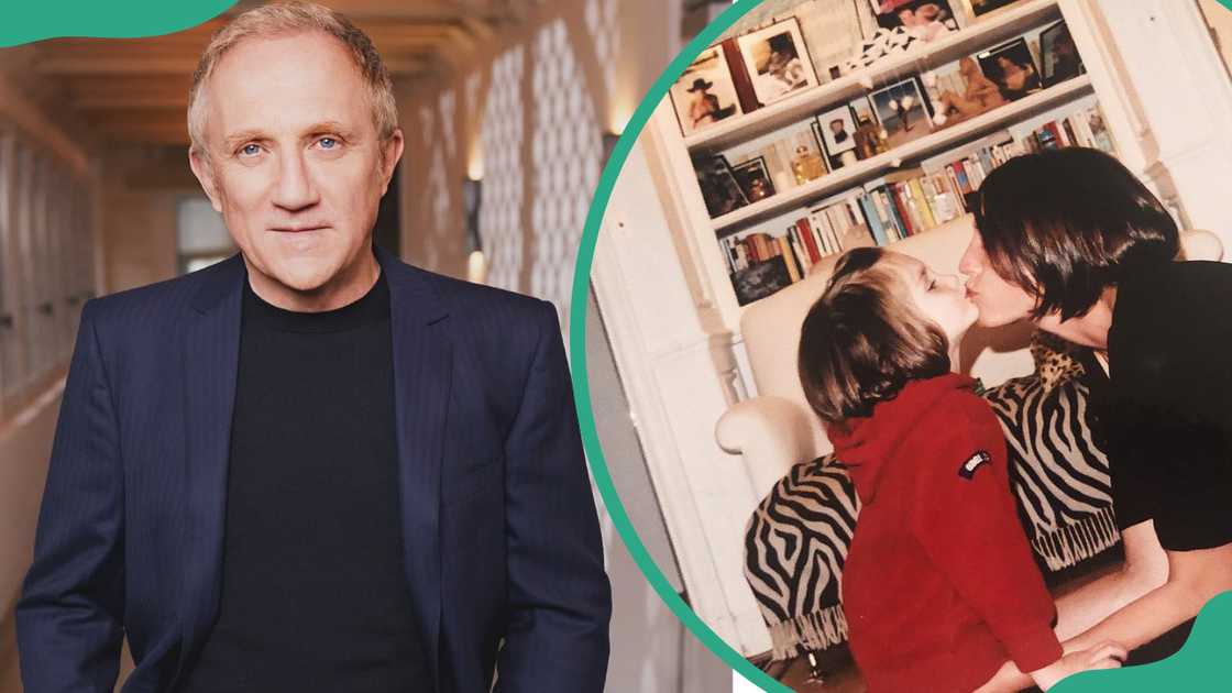 François-Henri Pinault in a hallway and Dorothée Lepère kissing her daughter