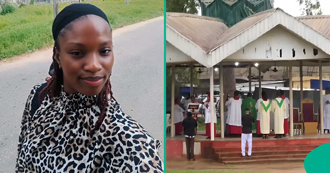 Lady documents her first Catholic church visit and questions unfamiliar rituals. Lady documents her first Catholic church visit and questions unfamiliar rituals.