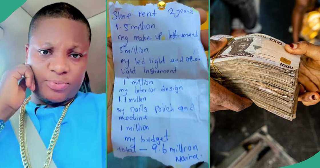 Man surprised as lady hands him list of N9.6 million. Man surprised as lady hands him list of N9.6 million.