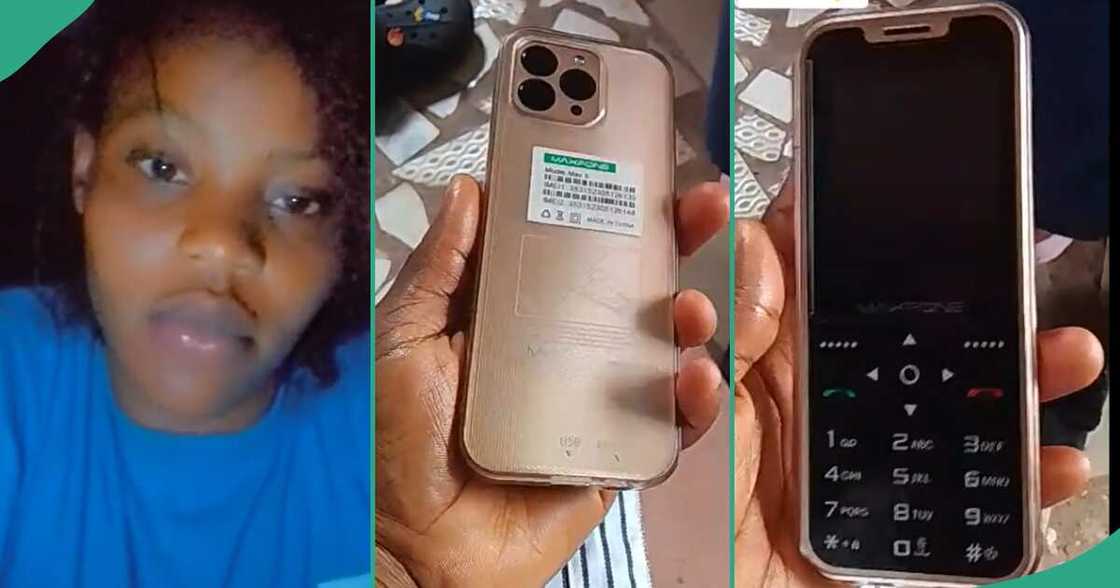 Lady shows phone her father bought for her. Lady shows phone her father bought for her.