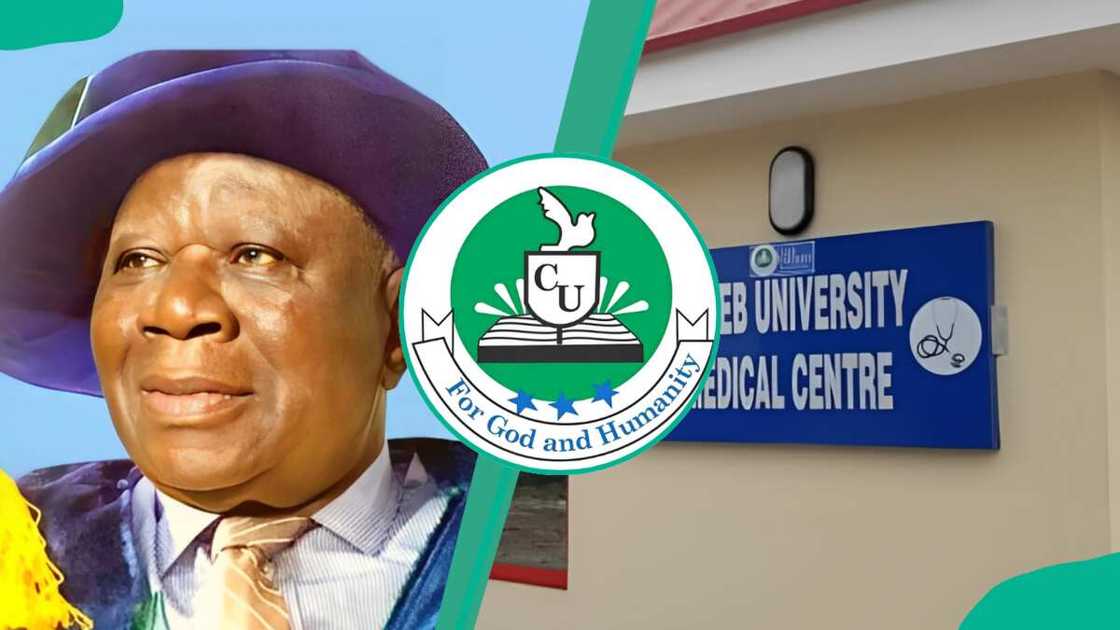 Caleb University Vice Chancellor (L), the university logo (C) and medical centre sign (R)