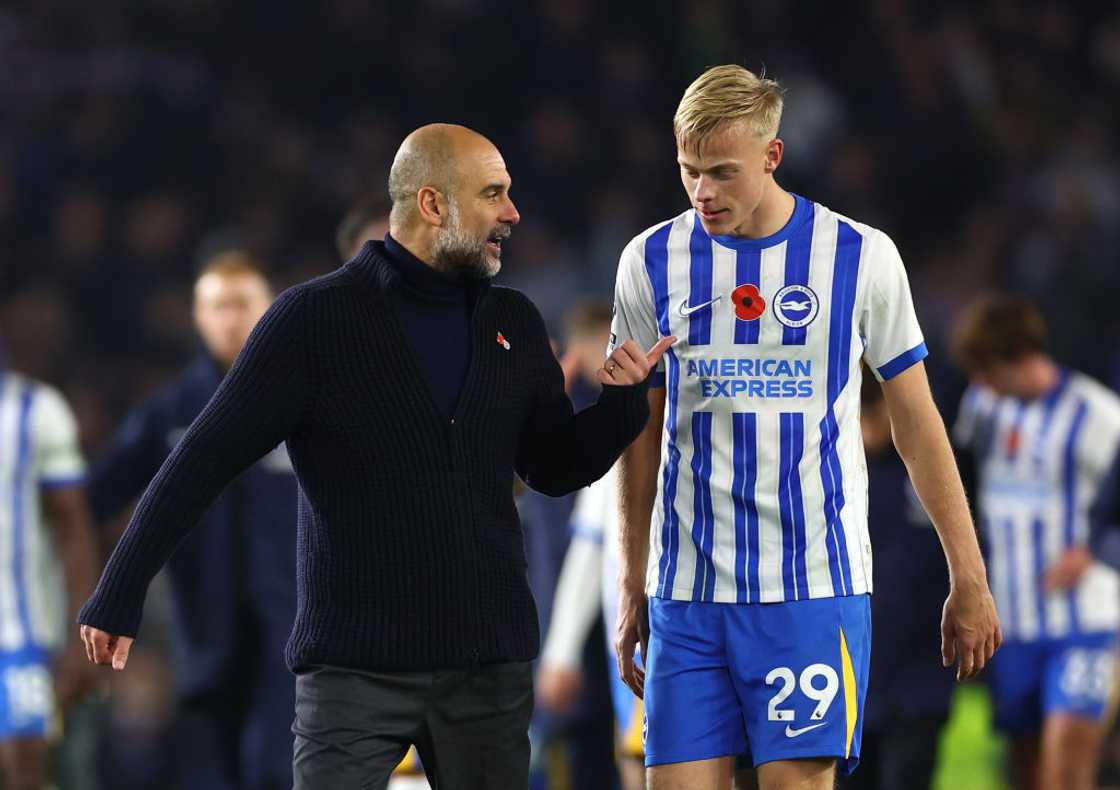 Pep Guardiola, Paul van Hecke, Brighton vs Manchester City Pep Guardiola, Paul van Hecke, Brighton vs Manchester City