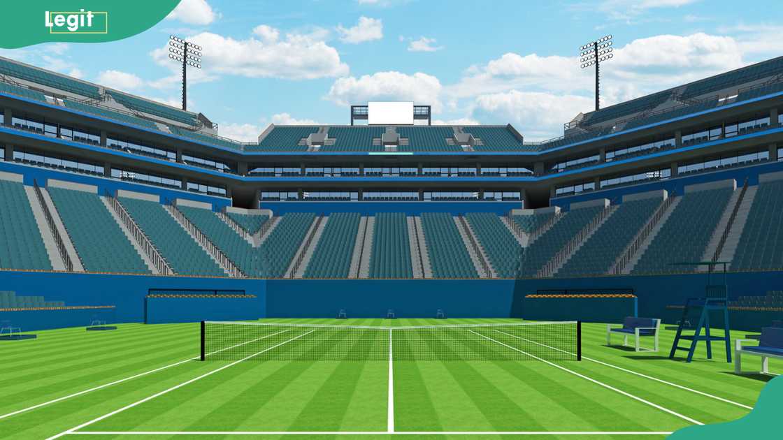 3D render of beautiful large modern tennis grass court stadium for fifteen thousand fans 3D render of beautiful large modern tennis grass court stadium for fifteen thousand fans