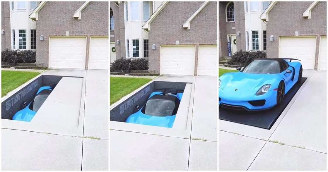 Photos of a car in an underground park.