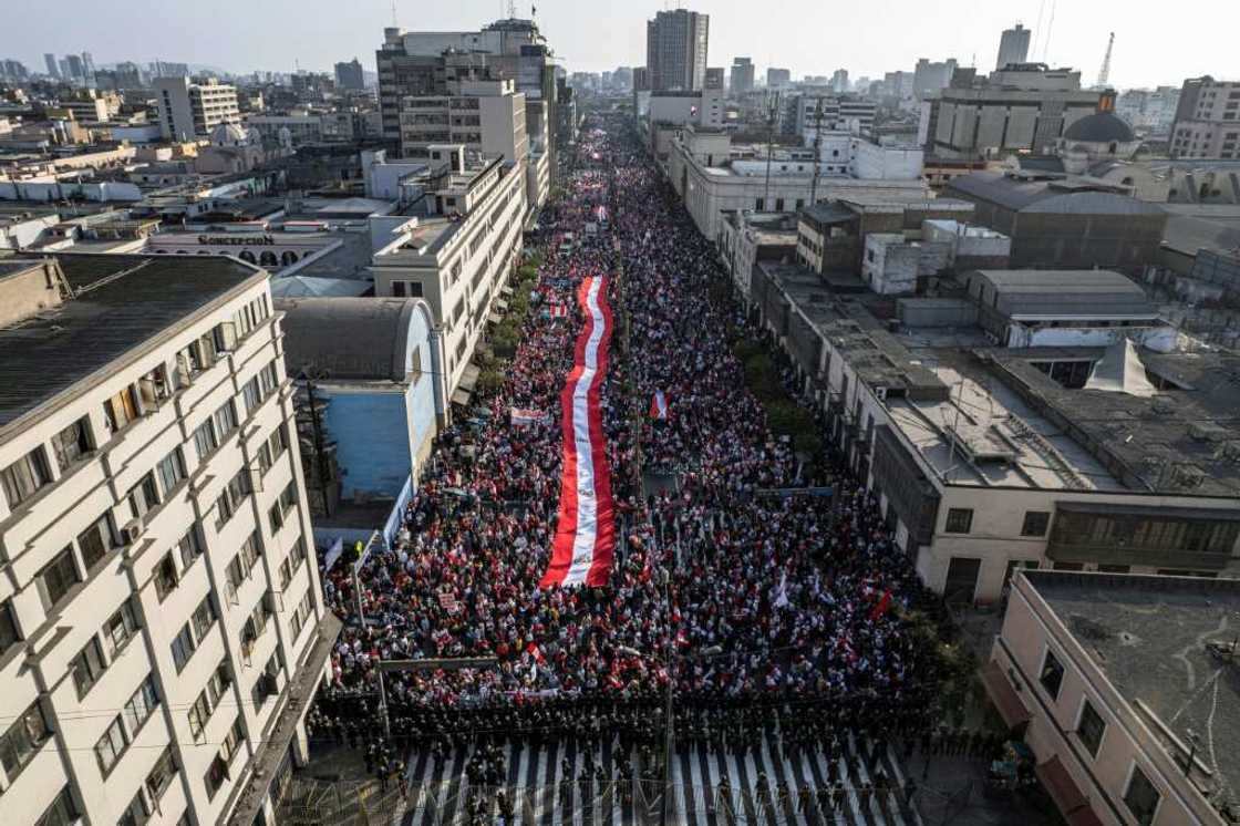 Shouting 'Castillo out!' thousands of protesters march through the streets of Lima on November 5, 2022 to demand the resignation of leftist Peruvian President Pedro Castillo Shouting 'Castillo out!' thousands of protesters march through the streets of Lima on November 5, 2022 to demand the resignation of leftist Peruvian President Pedro Castillo