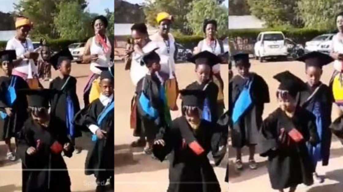 Little girl dances joyously after finishing from nursery school.