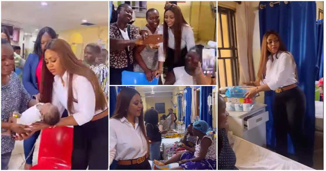 Regina Daniels visits women and children in hospital.