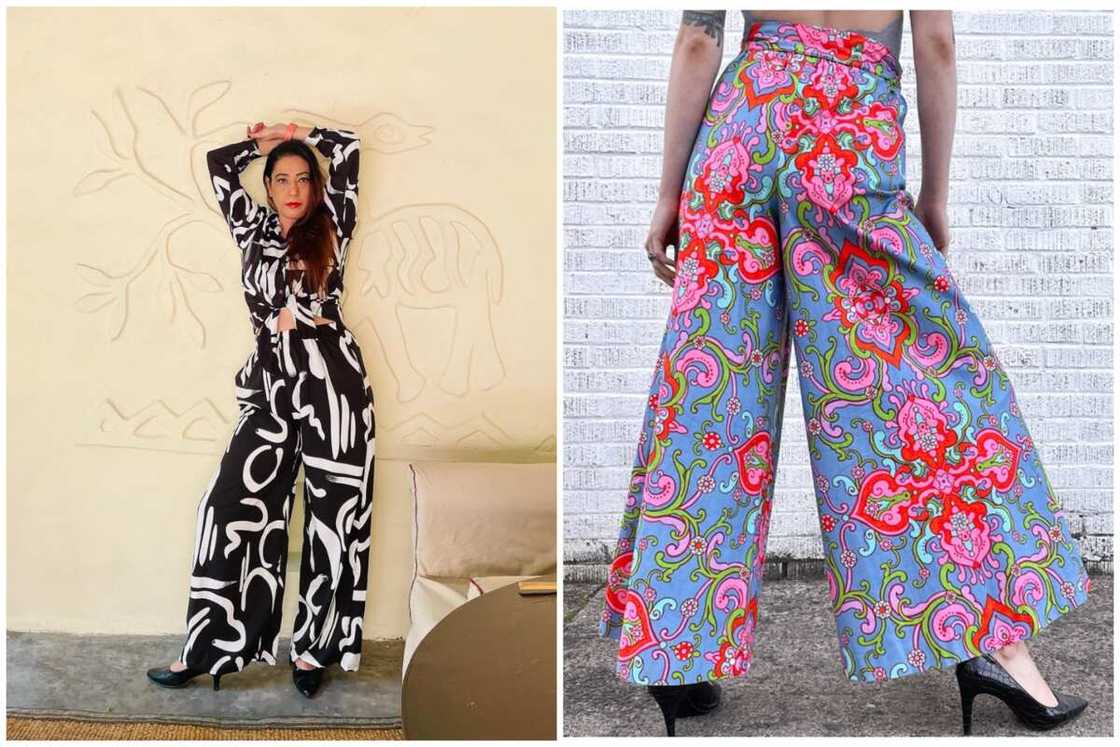 Two ladies displaying wide-leg pantsuit outfits Two ladies displaying wide-leg pantsuit outfits