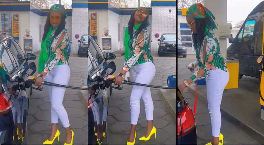 Photos of an elegant lady buying fuel at a filling station. Photos of an elegant lady buying fuel at a filling station.