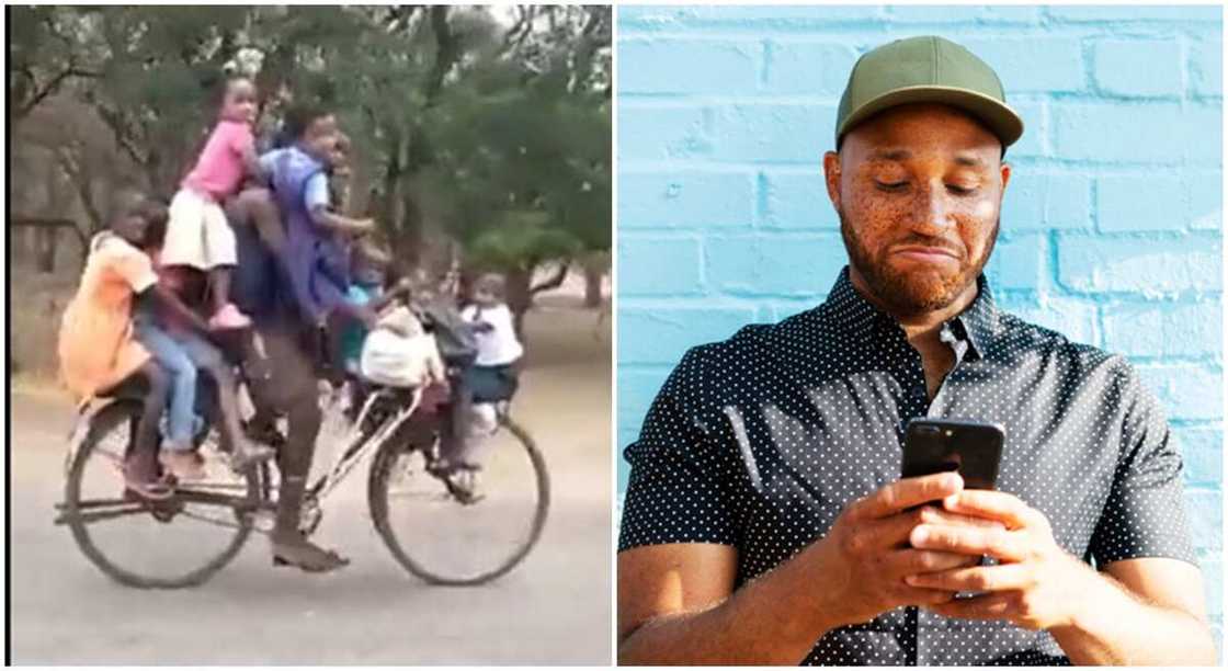 Photos of a man ridding 9 school children on bicycle. Photos of a man ridding 9 school children on bicycle.