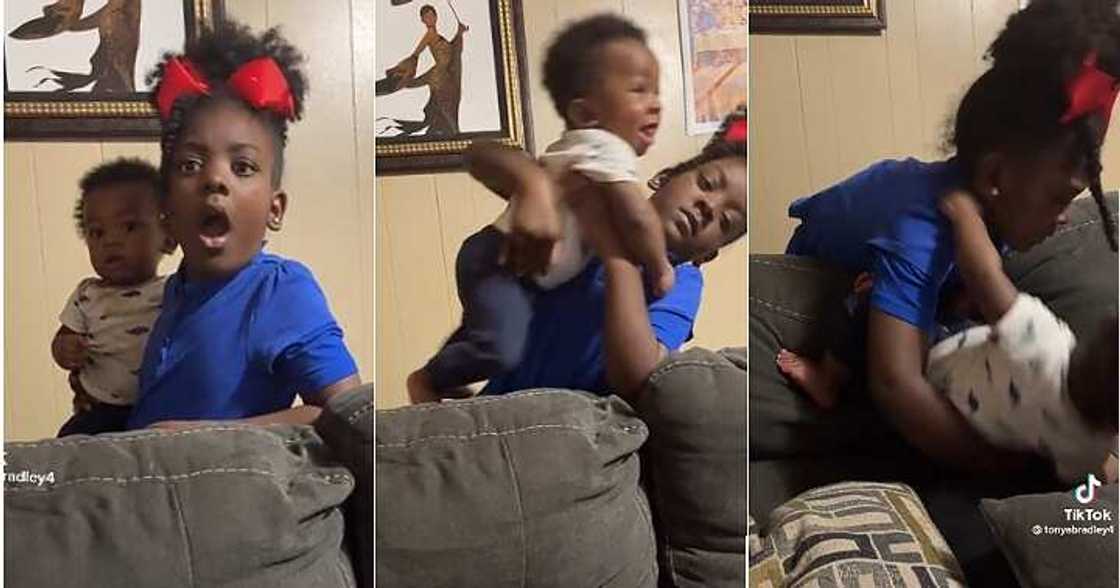 Little girl drops baby brother, babysitting Little girl drops baby brother, babysitting