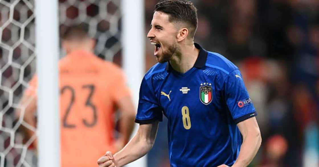 Jorginho celebrates after scoring a decisive spot-kick against Spain in the Euro 2020. Photo by Shaun Botterill.