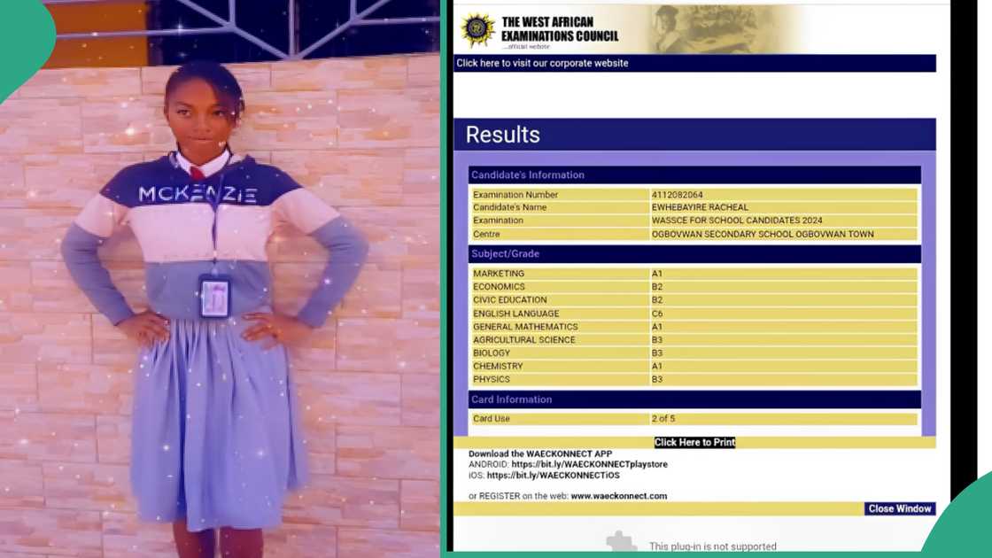 WAEC result of girl who wants to study medicine.