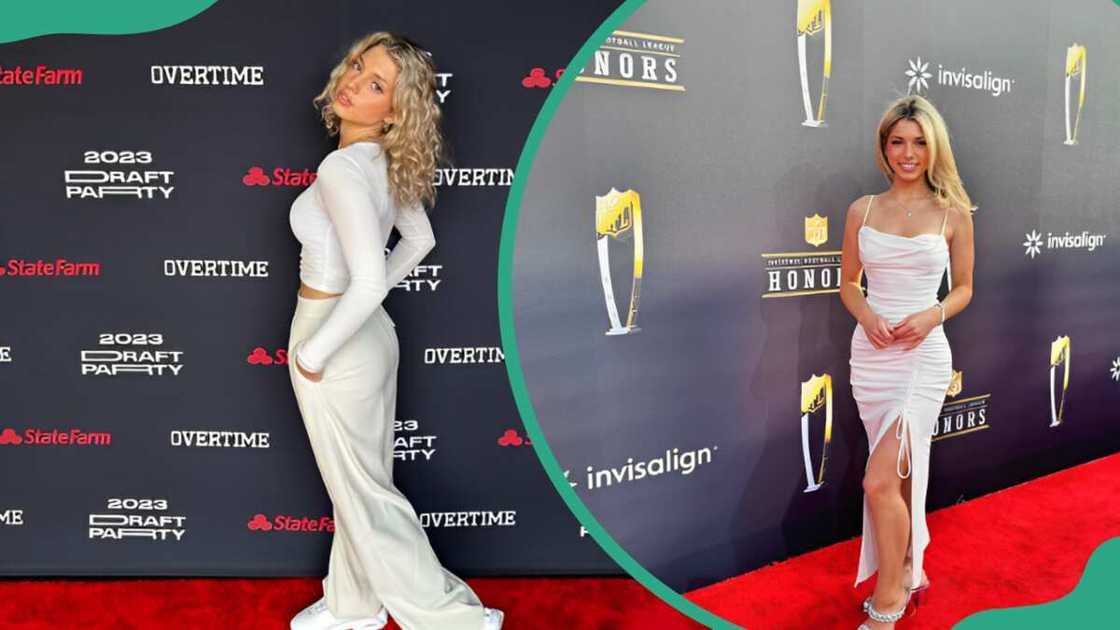 Megan Eugenio posing with her hands in her pocket (L). She poses in a white dress during NFL Honours (R)