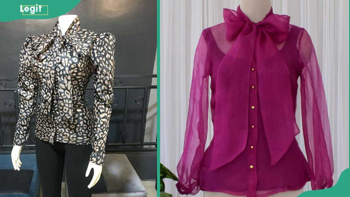 A black-cream flowery tie-neck top and a maroon tie-neck organza top designs A black-cream flowery tie-neck top and a maroon tie-neck organza top designs