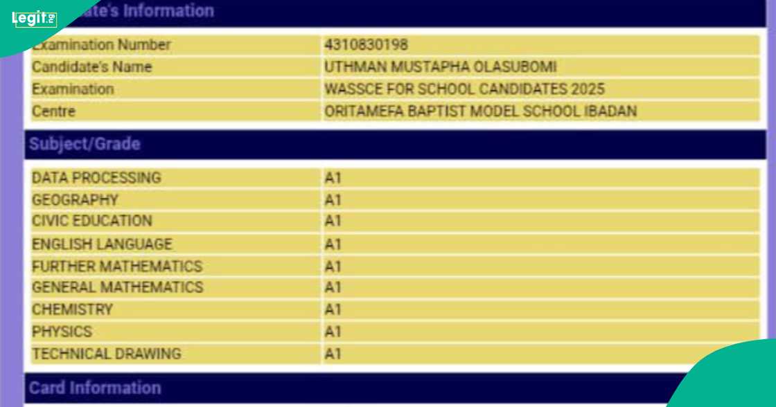A boy’s WAEC result generates buzz on social media after he scored A1 in all subjects. A boy’s WAEC result generates buzz on social media after he scored A1 in all subjects.