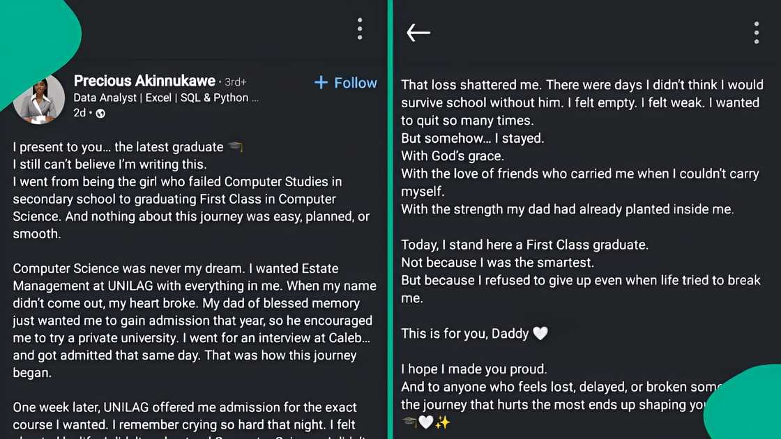 Caleb University graduate Precious Akinnukawe failed Computer Studies in secondary school, overcame setbacks, lost her father, and bagged First Class in Computer Science, sharing her journey online