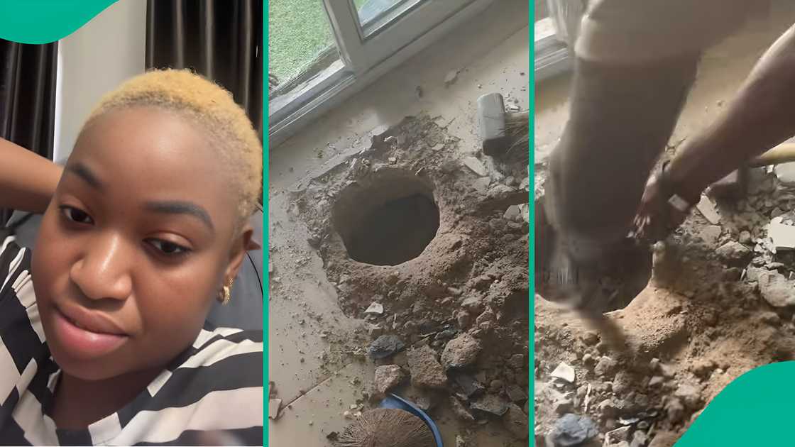 Businesswoman displays what she found underneath the floor of her shop. Businesswoman displays what she found underneath the floor of her shop.