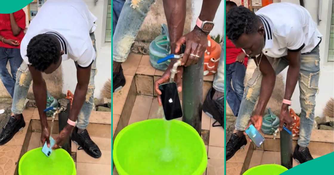 Man puts iPhone under running tap to test its water-resistance. Man puts iPhone under running tap to test its water-resistance.