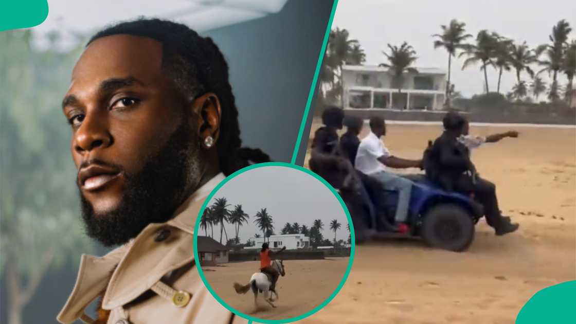 Armed bodyguards follow Burna Boy as he rides horse on the beach.