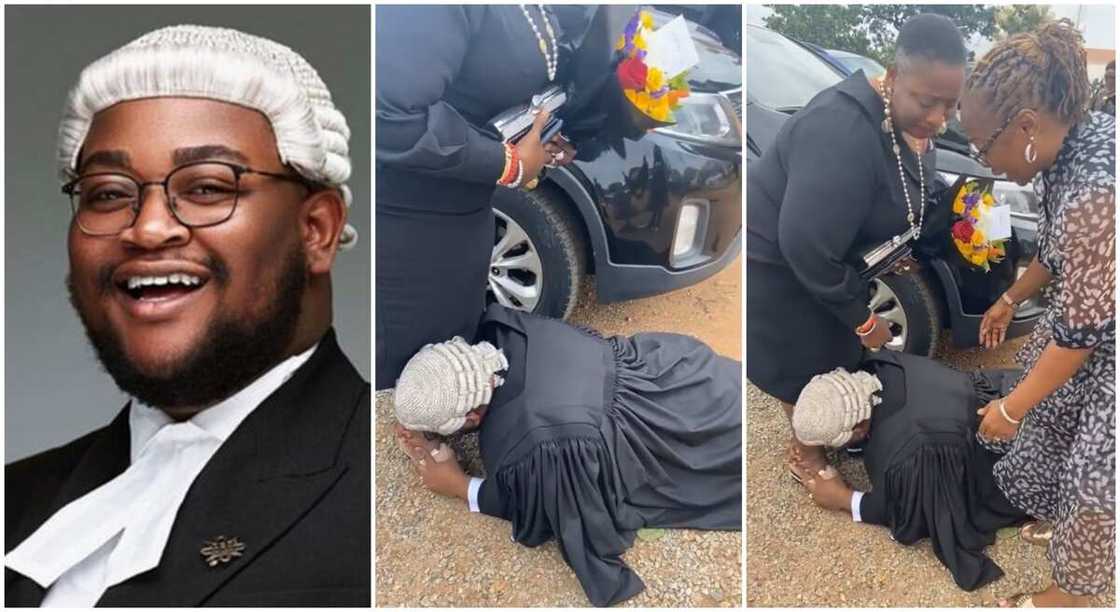 Nigerian lawyer falls down to thank mum after call to bar. Nigerian lawyer falls down to thank mum after call to bar.