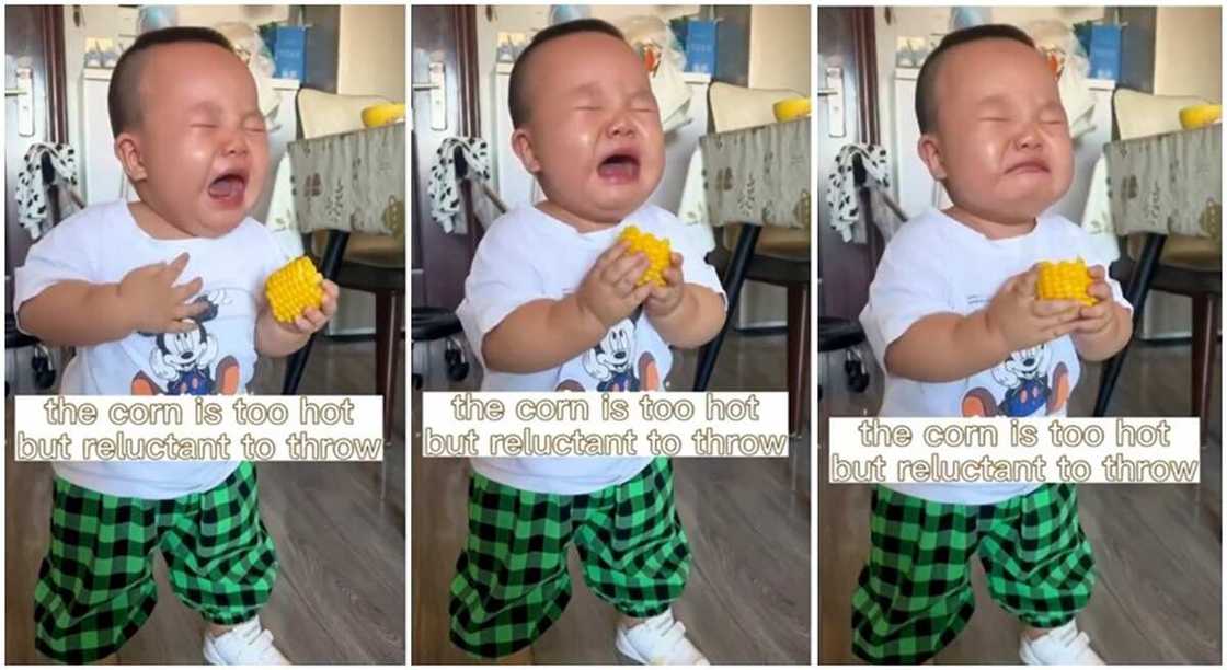 Photos of a baby boy crying after holding a hot corn.