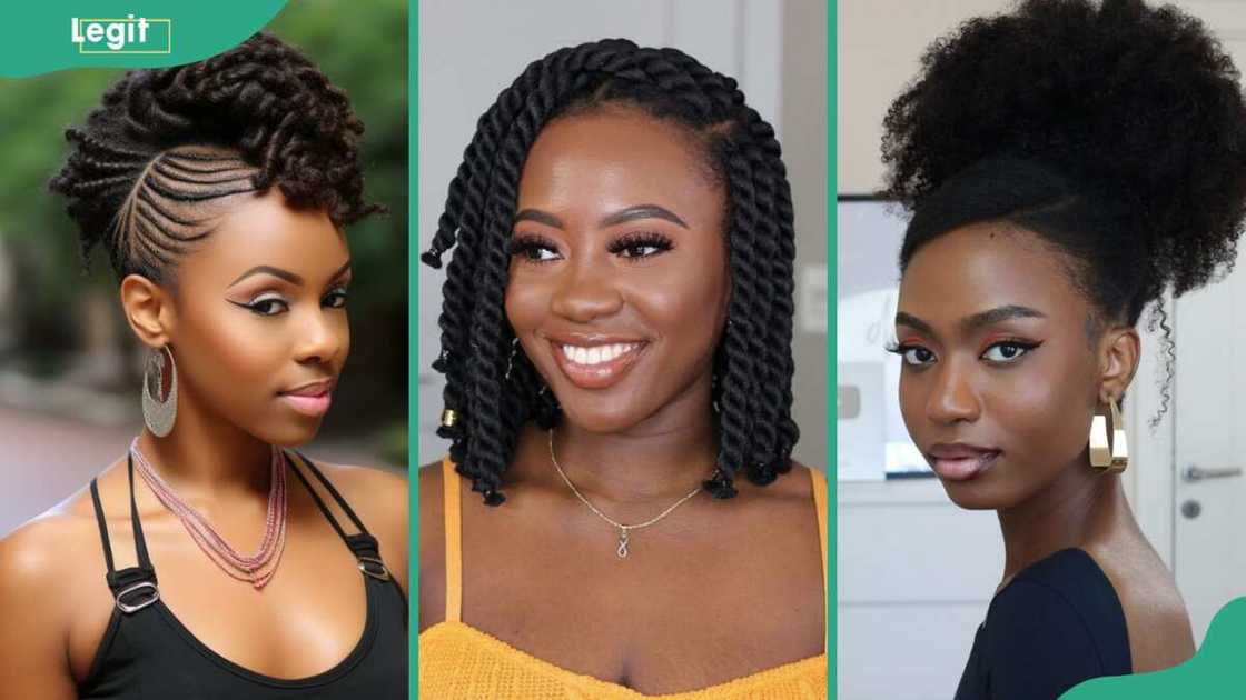 From (L-R) Mohawk kinky with cornrows, afro chunk twists, and kinky high bun From (L-R) Mohawk kinky with cornrows, afro chunk twists, and kinky high bun