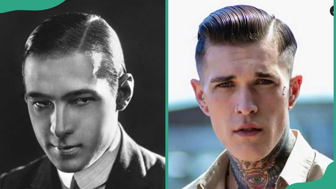 Two men displaying side-parted slicked back hairstyle Two men displaying side-parted slicked back hairstyle