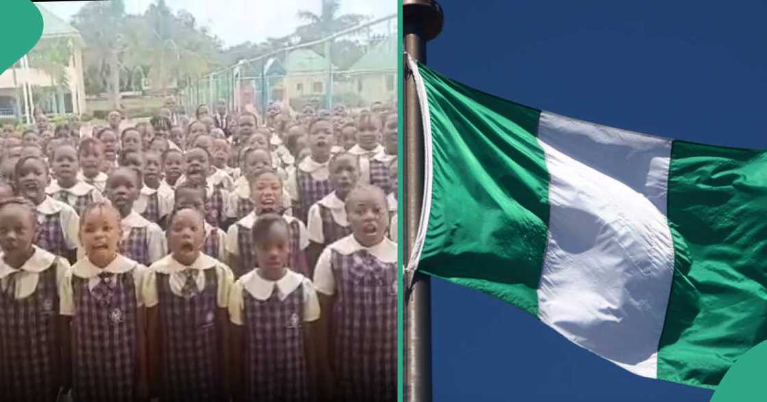 School children singing old Nigerian national anthem. School children singing old Nigerian national anthem.