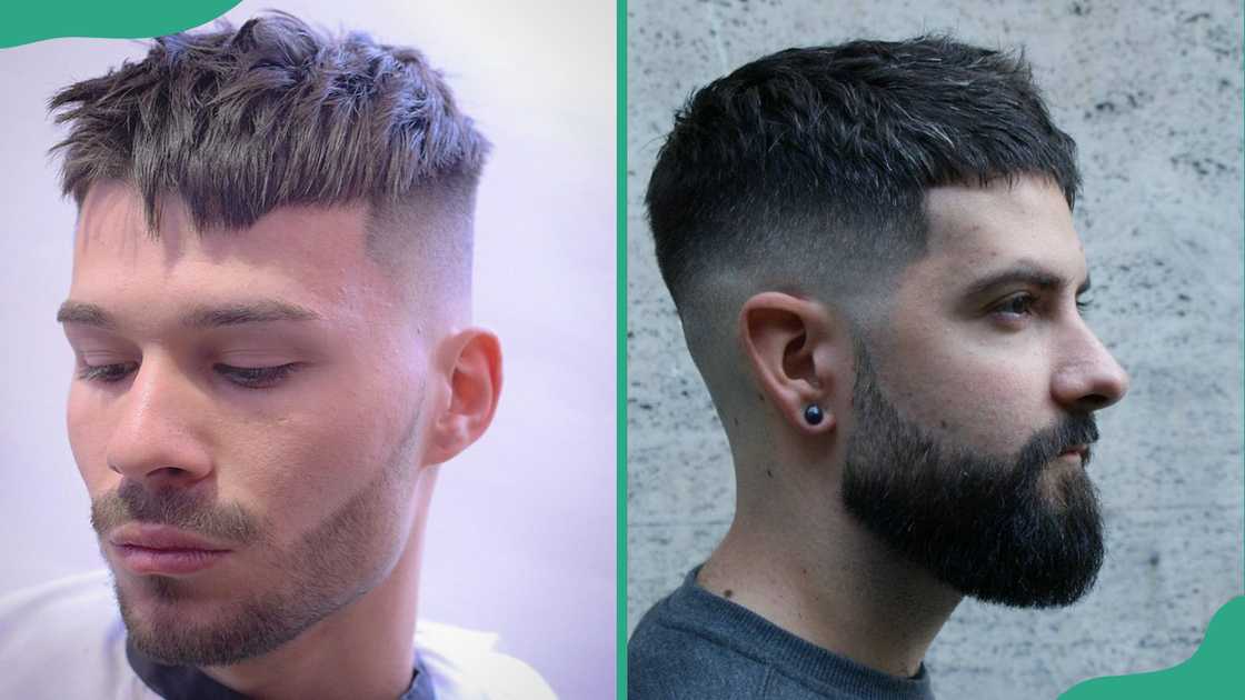 Two men displays their textured crop hairstyle