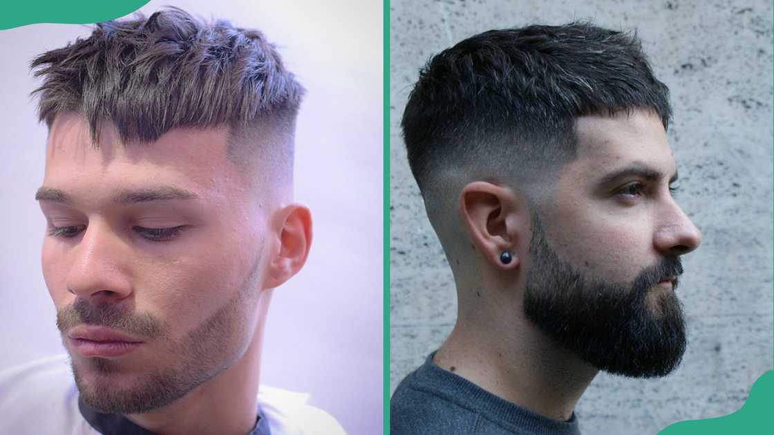 Two men displays their textured crop hairstyle Two men displays their textured crop hairstyle
