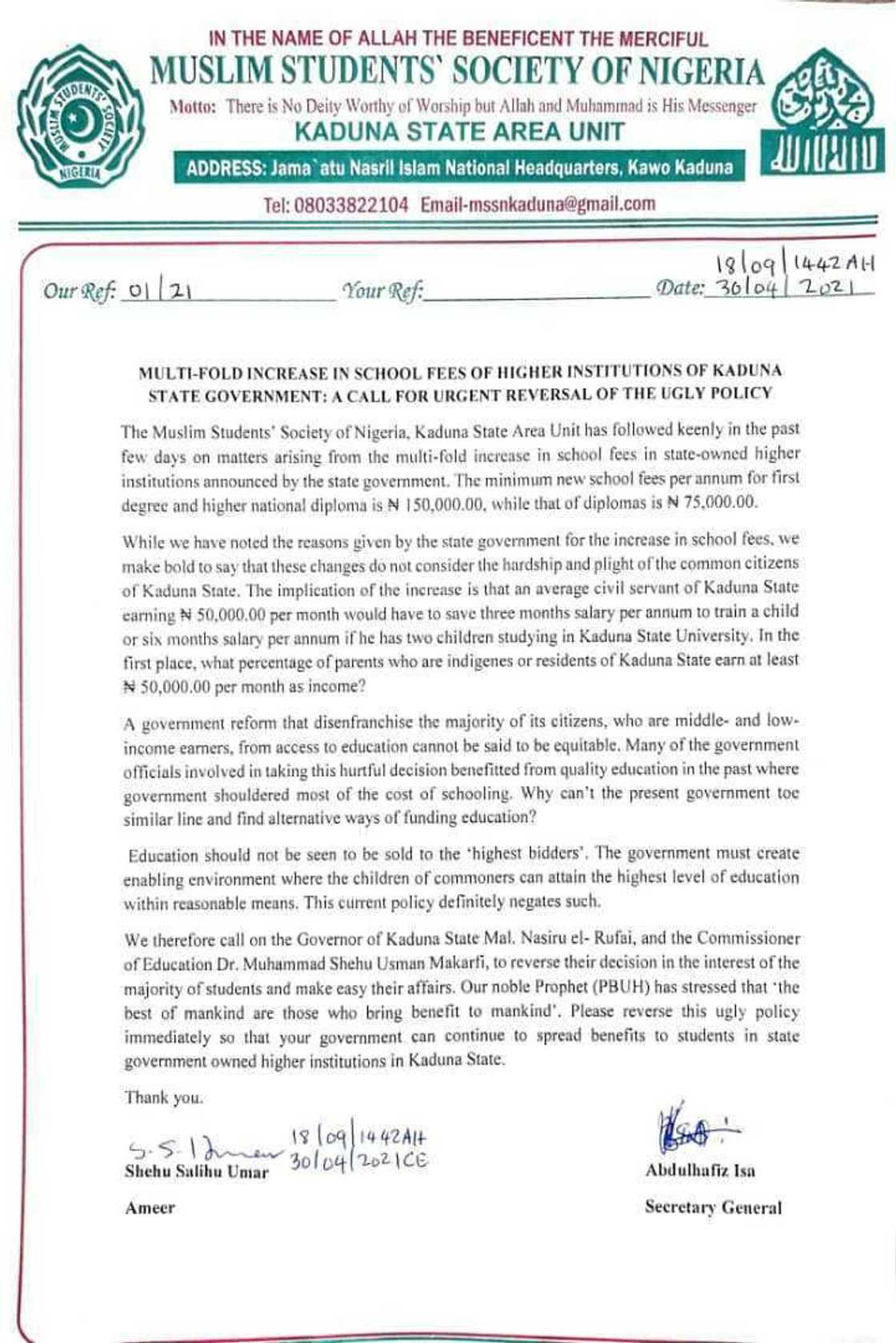 El-Rufai: Kungiyar Musulmai sun fito sun yi magana a kan karin kudin Makaranta