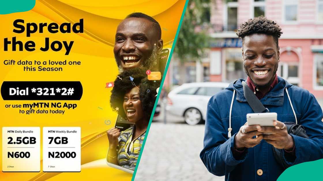 MTN data plans advert poster. A man smiling while using his smartphone to message friends MTN data plans advert poster. A man smiling while using his smartphone to message friends