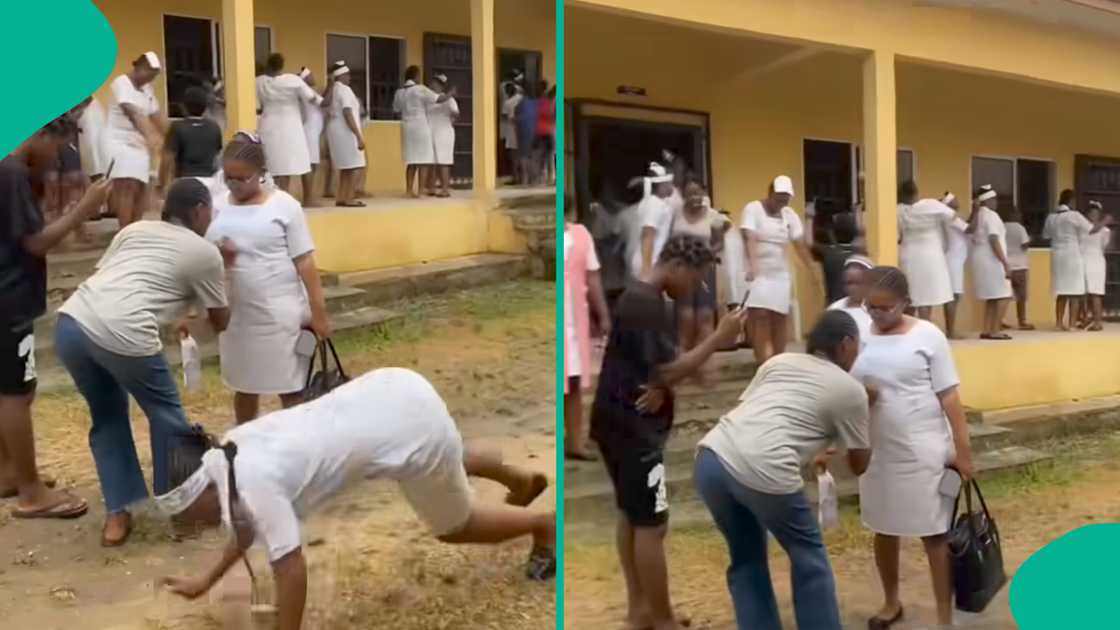 Lady bows before brother who trained her in nursing college.