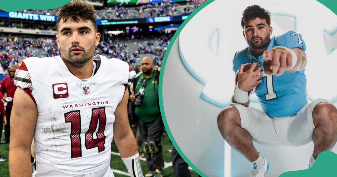 Sam Howell walks on a football field dressed in the Washington Commander's kit (L). He points while dressed in a Tar Heels football kit (R). Sam Howell walks on a football field dressed in the Washington Commander's kit (L). He points while dressed in a Tar Heels football kit (R).