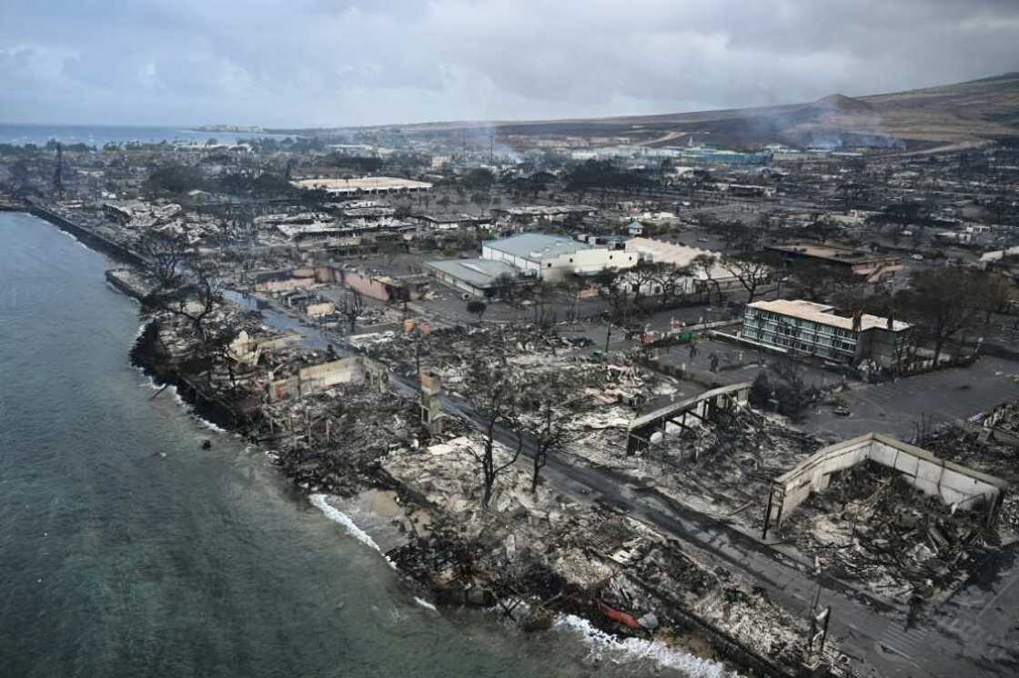 An aerial image shows destroyed homes and businesses along Front Street in Lahaina in the aftermath of wildfires in western Maui, Hawaii on August 10, 2023 An aerial image shows destroyed homes and businesses along Front Street in Lahaina in the aftermath of wildfires in western Maui, Hawaii on August 10, 2023