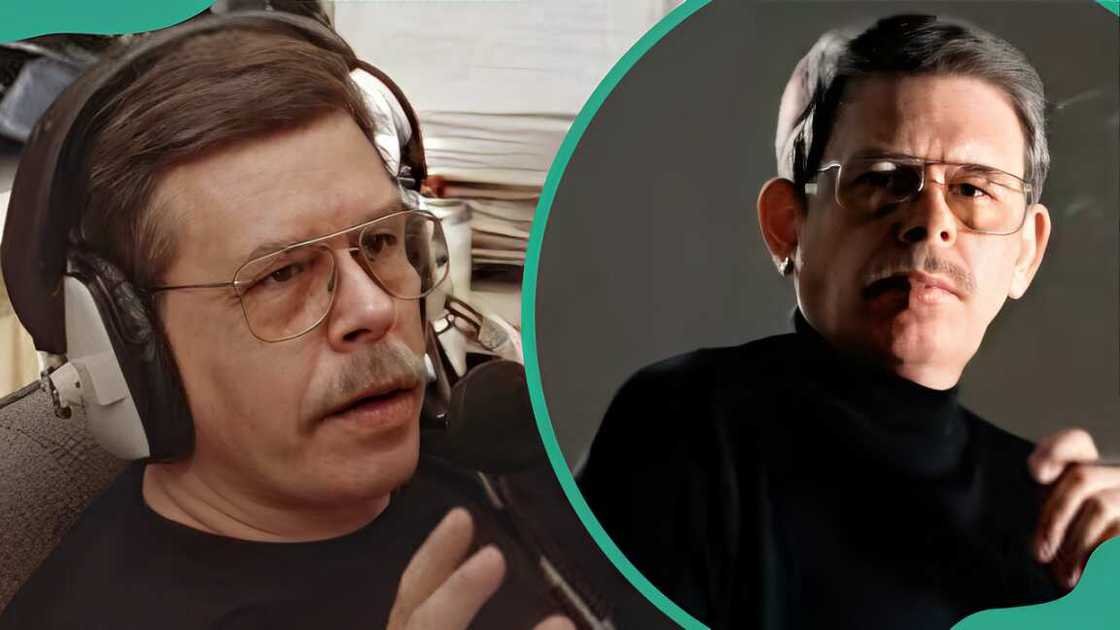 Art Bell speaking on the mic (L). Bell in a black sweater (R). Art Bell speaking on the mic (L). Bell in a black sweater (R).