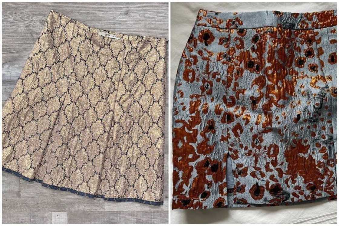 Two damask mini-skirts with different patterns