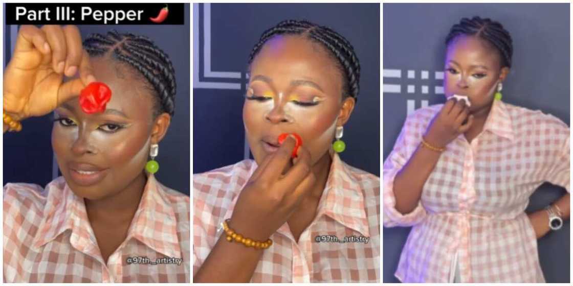 Makeup artist uses pepper fruit on bare lips