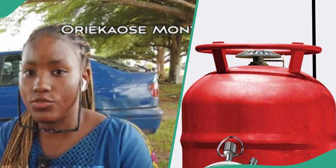 Photo of lady and gas cylinder Photo of lady and gas cylinder