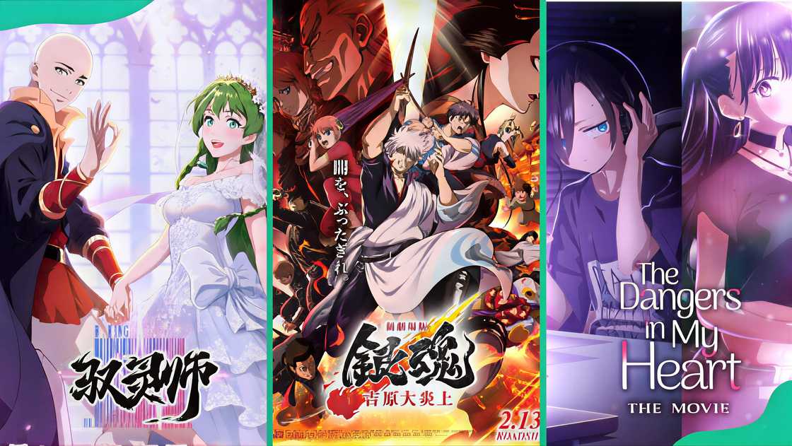 B. King, Gintama M‌ovie 3: Yo​shiwara in Flame​s, The Dangers in My Heart: T‍he M⁠ovie posters