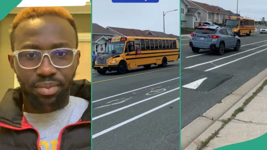 Man shows how school buses are respected in Canada. Man shows how school buses are respected in Canada.