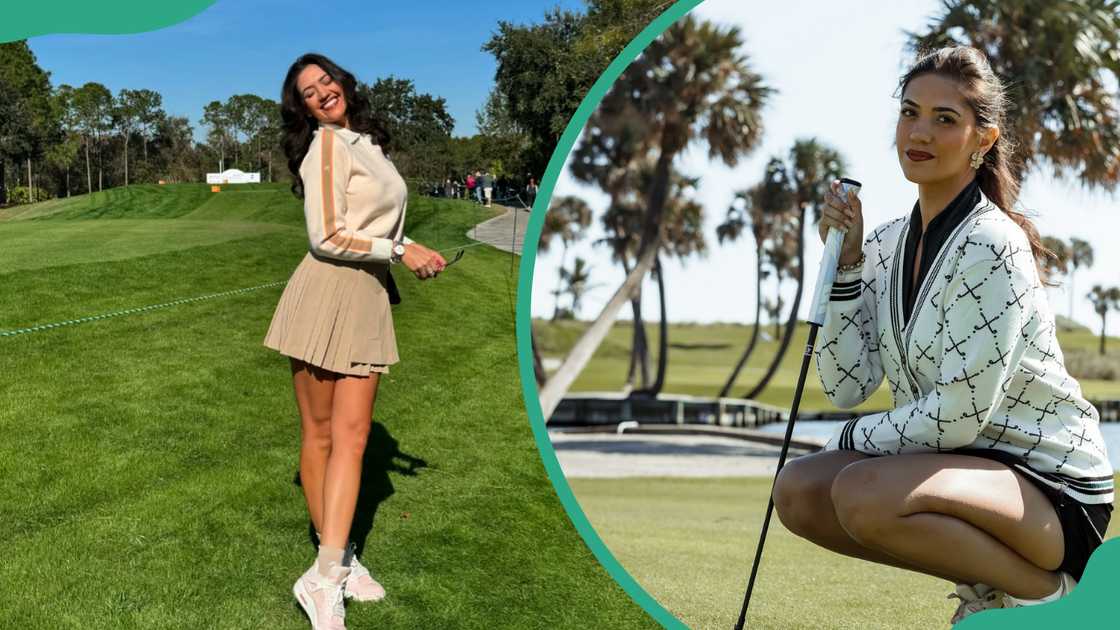 Hannah Leiner standing on a pristine green lawn (L). The golf influencer squatting on the grass and holding a golf club (R)