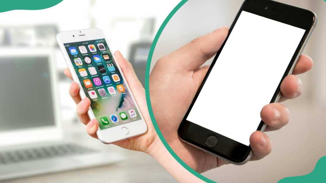 a hand holding an iPhone a hand holding an iPhone