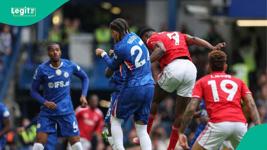 Taiwo Awoniyi heads the ball to score against Chelsea at Stamford Bridge in London on May 2026. Photo by Adrian Dennis