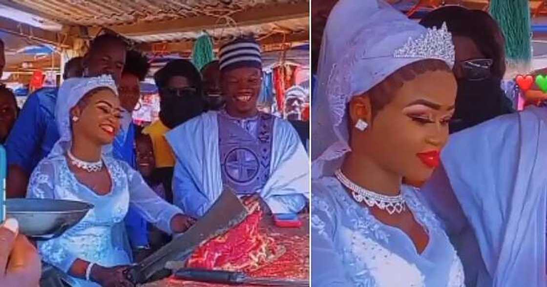 Meat seller, cut meat on wedding day, wedding attire