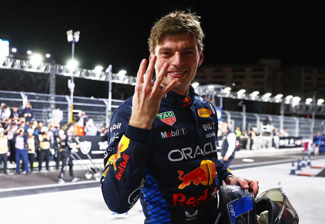 Max Verstappen celebrates in Parc Ferme in Las Vegas