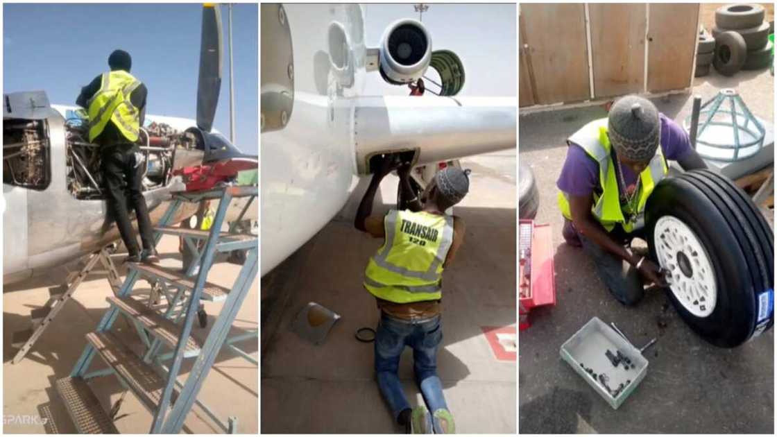 Aeronautical engineering goals/man fixed an aeroplane with confidence.