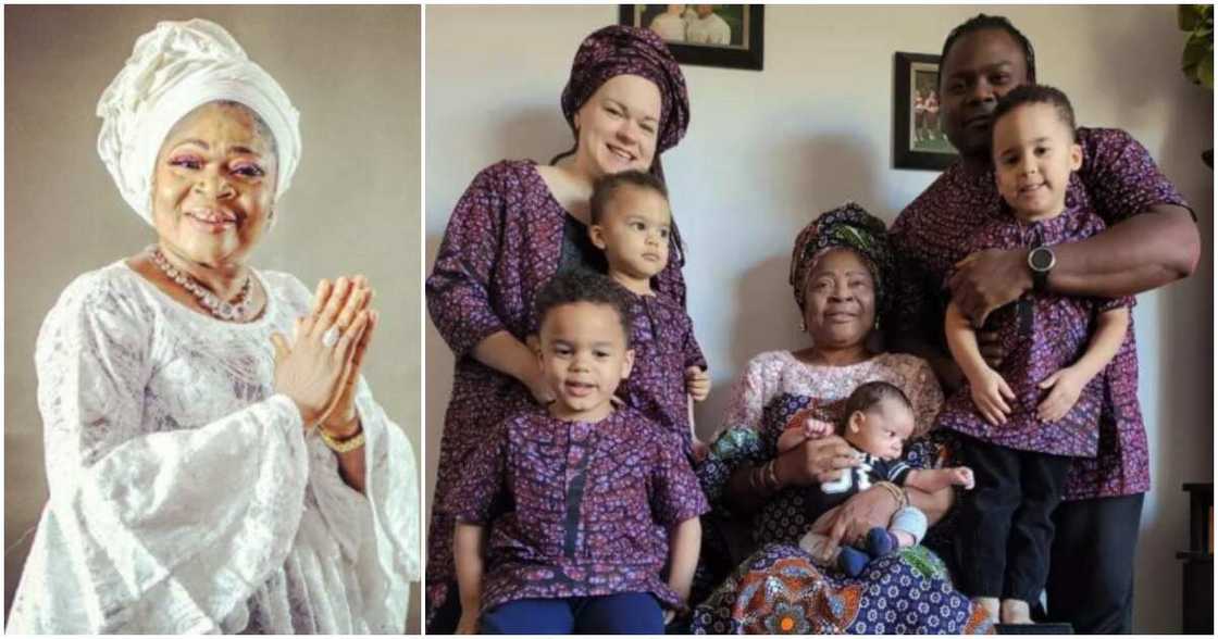 Salawa Abeni with son, his wife and grandkids