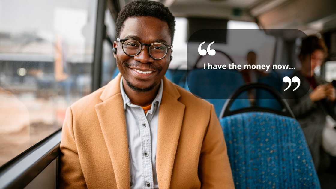 A young man smiling in a bus A young man smiling in a bus